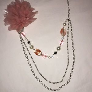 Silver Tone Multi Media Three Strand CJ Fabric Flower Beaded Chain